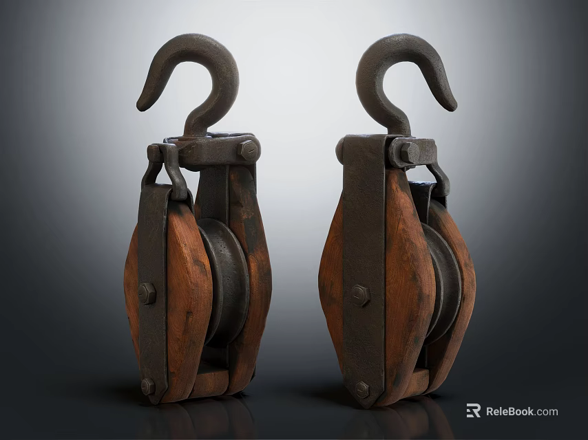 Vintage Metal And Wooden Pulley Pair With Hooks On Dark Surface 3d model 