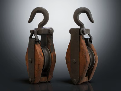 Vintage Metal And Wooden Pulley Pair With Hooks On Dark Surface 3d model