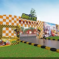 Fun Kids Go Kart Track With Checkerboard Fence And Tire Barriers On Grass Lawn