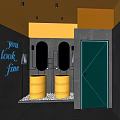 Public Restroom Interior Design With Orange Walls Yellow Barrel Sinks Mirrors Turquoise Door White Pebbles