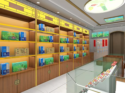 Tobacco and Liquor Store Interior with Wooden Shelves Glass Counter Displays Yellow Lines Bright Lighting 3d model