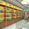 Tobacco and Liquor Store Interior with Wooden Shelves Glass Counter Displays Yellow Lines Bright Lighting