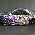 Colorful Modified Sports Car with Custom Decals Rear Spoiler and Black Wheels
