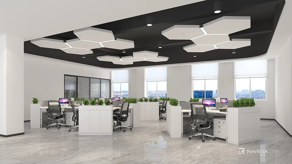 Modern Public Office Area With Open Workstations Green Plants Hexagonal Ceiling And Bright Windows 3d model