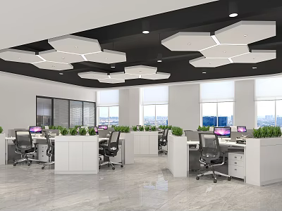 Modern Public Office Area With Open Workstations Green Plants Hexagonal Ceiling And Bright Windows 3d model