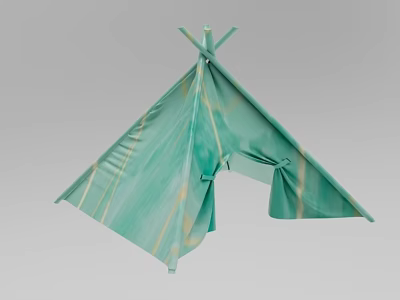 Light Green Tepee Tent With Yellow Stripes Crossed Top Poles And Side Opening 3d model