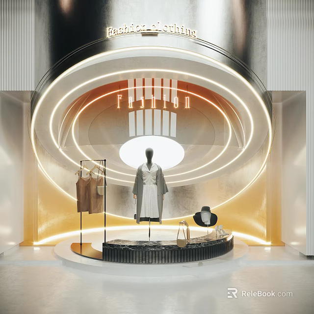 Stylish Fashion Shop Window With Circular Lighting Mannequin Clothing And Display Stand 3d model 