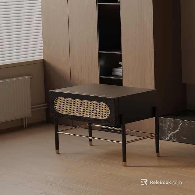 Modern Black Nightstand With Rattan Panel And Brass Metal Legs Design 3d model 