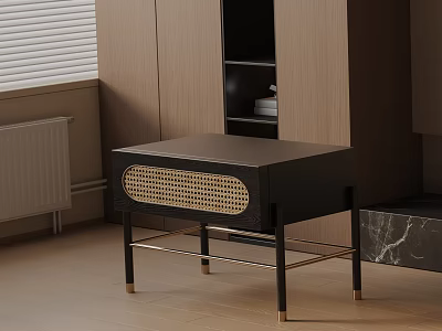 Modern Black Nightstand With Rattan Panel And Brass Metal Legs Design 3d model