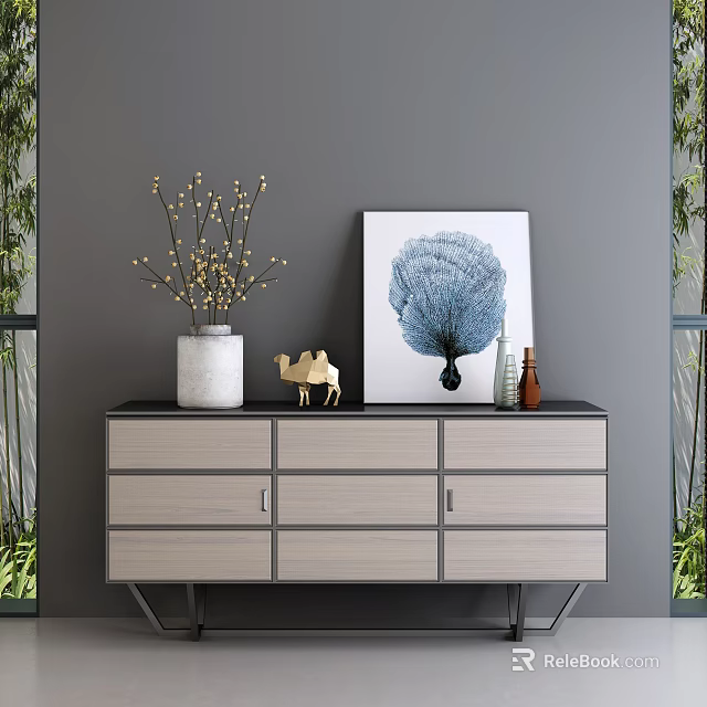 Stylish Entryway Cabinet Sideboard Light Gray Wooden with White Vase Camel Ornament Blue Decorative Painting 3d model 