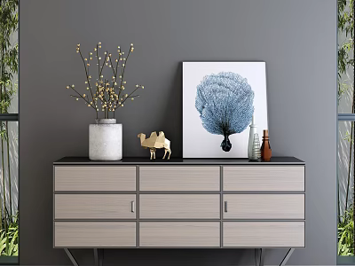 Stylish Entryway Cabinet Sideboard Light Gray Wooden with White Vase Camel Ornament Blue Decorative Painting 3d model