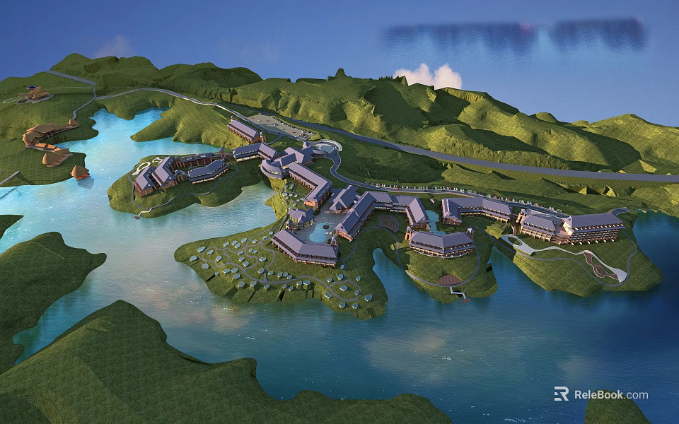 Scenic Lakeside Hotel Resort Architecture With Green Hills And Waterfront Layout 3d model 