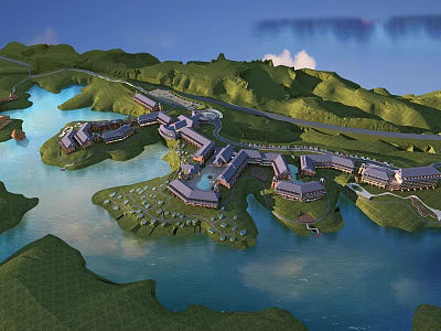 Scenic Lakeside Hotel Resort Architecture With Green Hills And Waterfront Layout 3d model