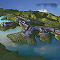 Scenic Lakeside Hotel Resort Architecture With Green Hills And Waterfront Layout