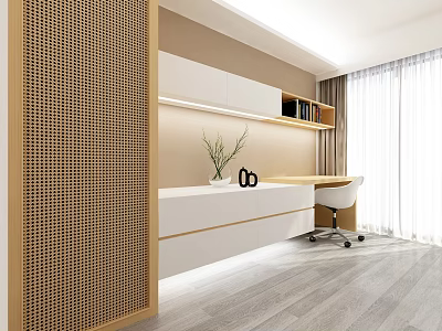Modern Study Room With Wooden Lattice Partition White Desk Built in Bookshelf And Potted Plant 3d model