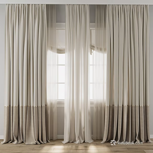 Beige And Brown Striped Layered Sheer And Solid Window Curtains Design 3d model 