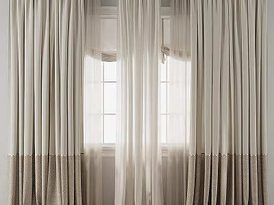 Beige And Brown Striped Layered Sheer And Solid Window Curtains Design 3d model