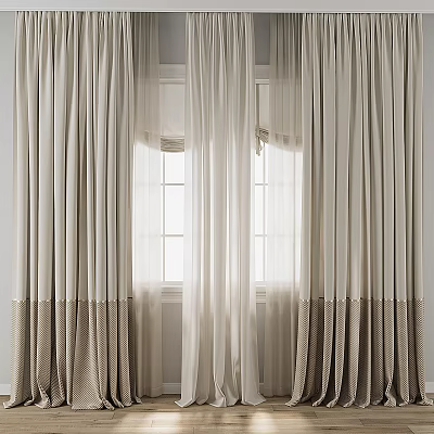 Beige And Brown Striped Layered Sheer And Solid Window Curtains Design 3d model