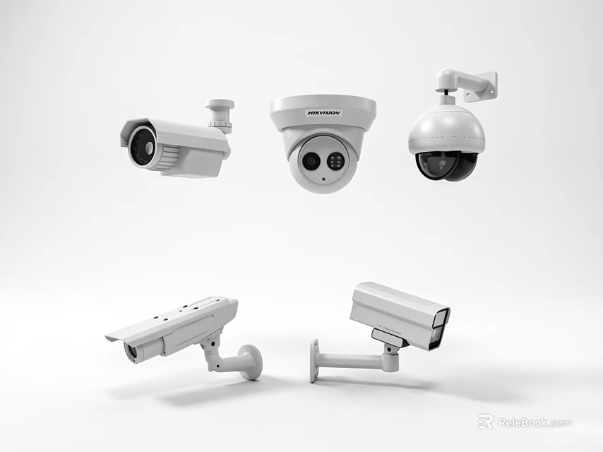 Projection Monitoring Security Cameras Including Dome Bullet And PTZ Types In White Design 3d model 