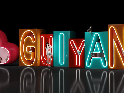 Neon Letters GUIYAN With Heart Shaped Sign Figure Model And Reflective Floor 3d model
