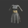 Stylish Blue And White Polka Dot Dress With Three Quarter Sleeves Beige Belt And Layered Skirt