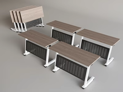 Multiple Stackable Office Desks With Wooden Tops And Metal Support Frames 3d model