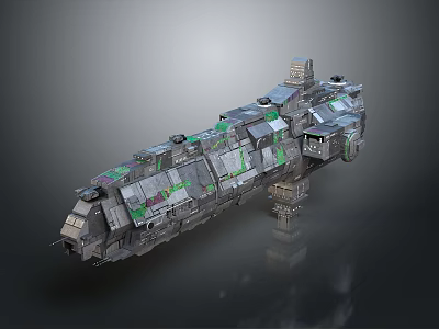 Large Cosmic Spaceship 3D Model with Modular Metal Structure and Green Details 3d model
