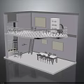 Minimalist Indoor Model Scene With Balcony Railing Staircase Dining Table And Light Purple Walls
