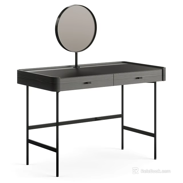 Modern Black Dressing Table with Round Mirror Two Drawers and Metal Frame 3d model