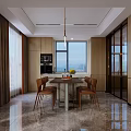 Modern Dining and Living Room Interior With Wooden Walls Marble Floor Sofa And Chandelier