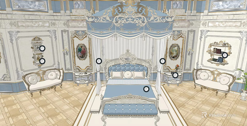 Elegant Hotel Public Lounge Area With Ornate Decor Blue White Sofas And Decorative Paintings 3d model 