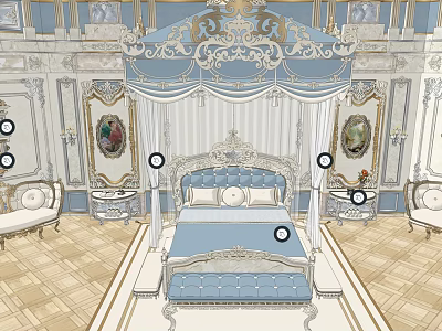 Elegant Hotel Public Lounge Area With Ornate Decor Blue White Sofas And Decorative Paintings 3d model