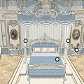 Elegant Hotel Public Lounge Area With Ornate Decor Blue White Sofas And Decorative Paintings