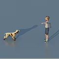 Game Character Boy Standing Holding Object Interacting With Spotted Dog on Blue Surface 3d model