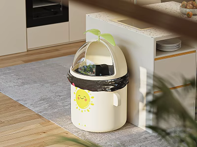 Dining Table in Kitchen with Sun Smiley Trash Bin Green Leaf and Wooden Floor 3d model