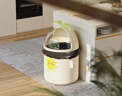 Dining Table in Kitchen with Sun Smiley Trash Bin Green Leaf and Wooden Floor 3d model