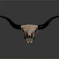 Detailed Animal Skull With Long Black Horns On Dark Surface