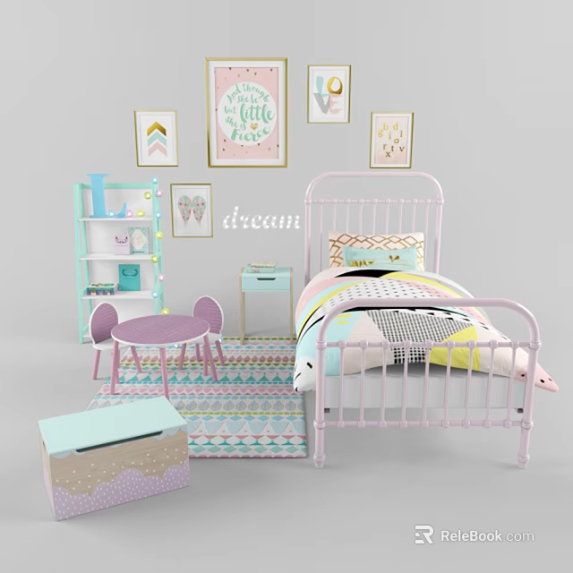 Pink Kids Bed With Colorful Bedding Wall Art Side Table Chair Bookshelf and Rug 3d model 