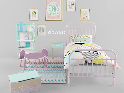 Pink Kids Bed With Colorful Bedding Wall Art Side Table Chair Bookshelf and Rug 3d model