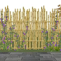 Lush Purple Flowers And Green Vines Climbing On Bamboo Fence In Outdoor Garden