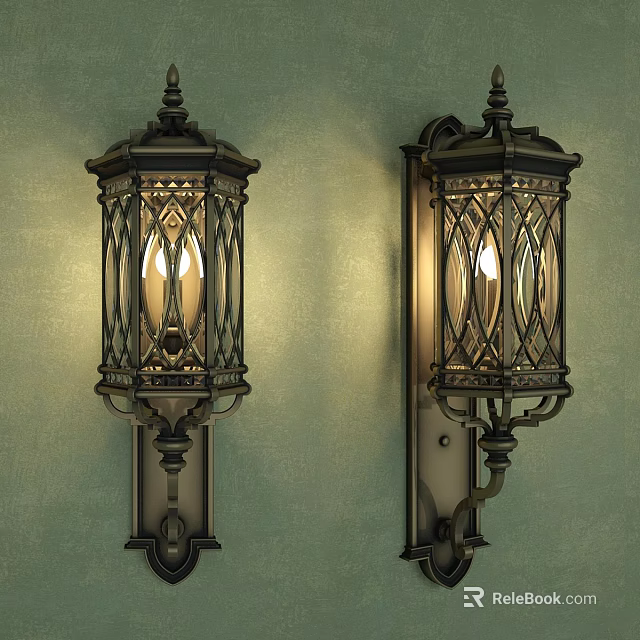 Vintage Style Wall Sconces with Metal Frame and Lattice Shades on Light Green Wall 3d model 