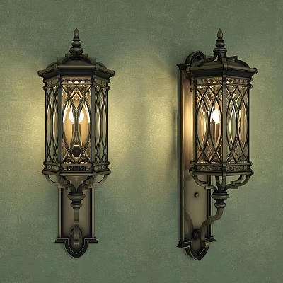 Vintage Style Wall Sconces with Metal Frame and Lattice Shades on Light Green Wall 3d model