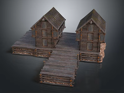 Two Wooden Log Cabins With Gabled Roofs And Wooden Planks Walkway Platform 3d model