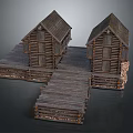 Two Wooden Log Cabins With Gabled Roofs And Wooden Planks Walkway Platform
