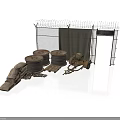Modern Construction Site With Barbed Wire Fence Rolled Materials And Wooden Planks