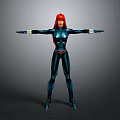 Woman with red hair wearing blue tight suit and black belt arms outstretched