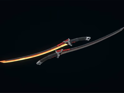 Warrior Character And Mythical Creature With Glowing Orange Blades And Red Decorated Swords 3d model