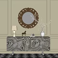Elegant Entryway Console Table with Black White Marble Texture Golden Mirror Table Lamp and Vase