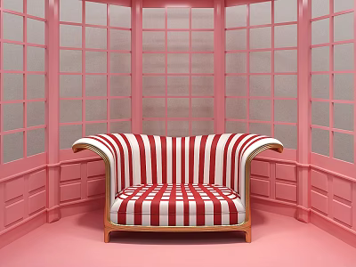 Red and White Striped Leisure Sofa Set in Pink Interior with Grid Windows 3d model