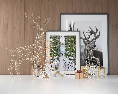 Wooden Wall Decorative Ornament Set With Lighted Deer Figurine Framed Art Snowflake Gift Boxes 3d model